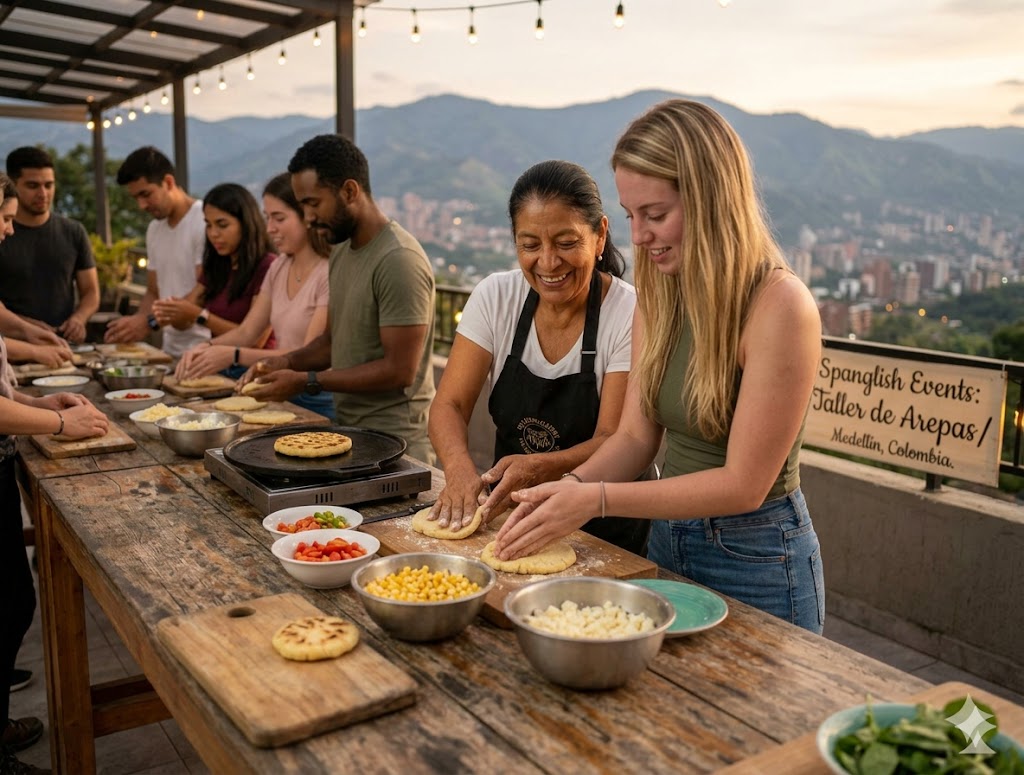 Spanglish arepa cultural event poster